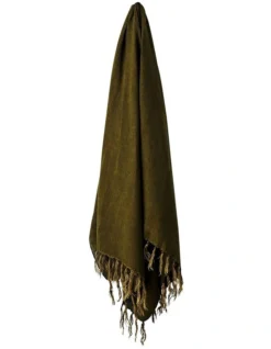 Vintage Linen Fringe Throw In Khaki