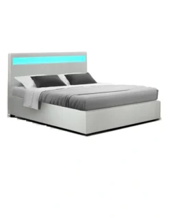 LED Bed Frame Double Full Size Gas Lift Base With Storage White Leather
