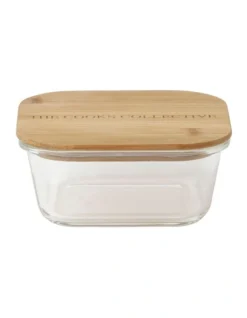 Square Bamboo And Glass Storage Canister With Lid 800mL