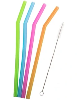 Silicone Bent Drinking Straws Set Of 4 With Brush