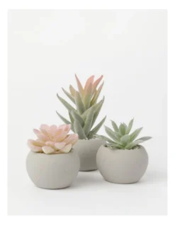3 Pack Of Artificial Mini Succulent Plants In Concrete Pot 9cm In Multi