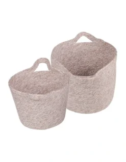 Cotton Rope String Carry Handles Storage Baskets 2 Piece In Taupe