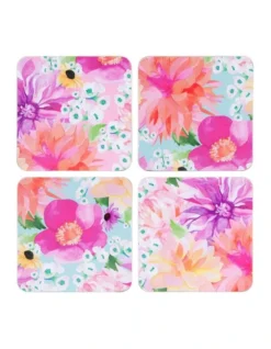 Maxwell & Williams Teas & C's Dahlia Daze Cork Back Coaster Set Of 4 10.5cm Assorted Gift Boxed