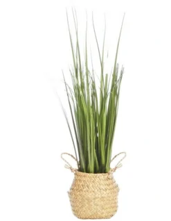 Artificial Onion Grass In Woven Basket In Green/Brown